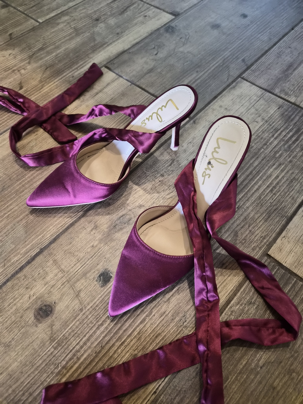 Lulu's Burgundy Berry Red Satin Pointed-Toe Tie-Heel Ballet Mules